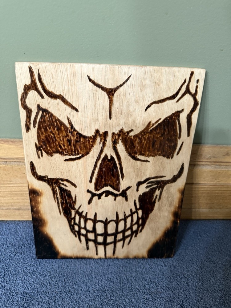 Handmade Pyrography Full Face Skull 8x10” Wall Hanging