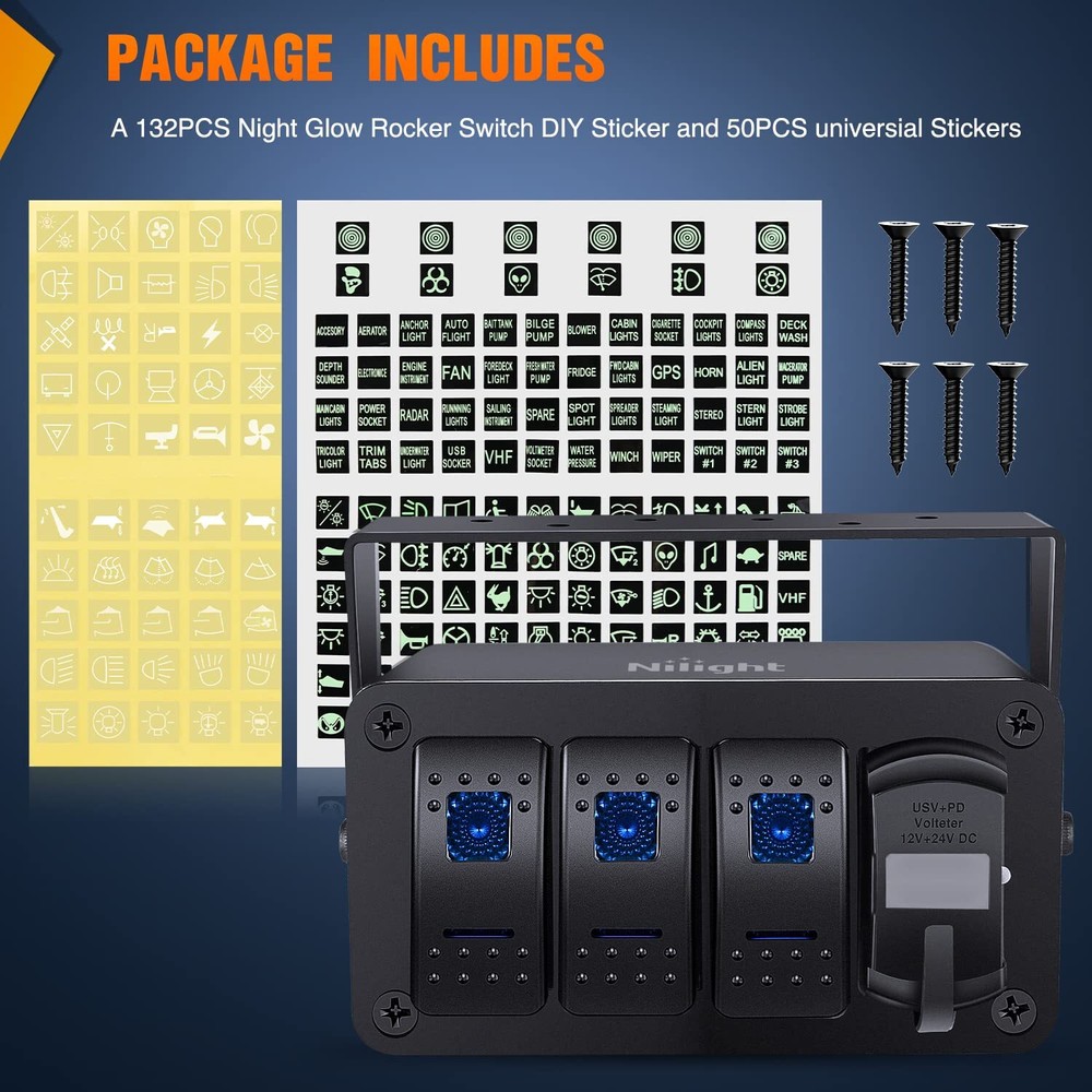 Nilight 3 Gang Rocker Switch Box 12V SPST ON Off Toggle Switch PD Type C