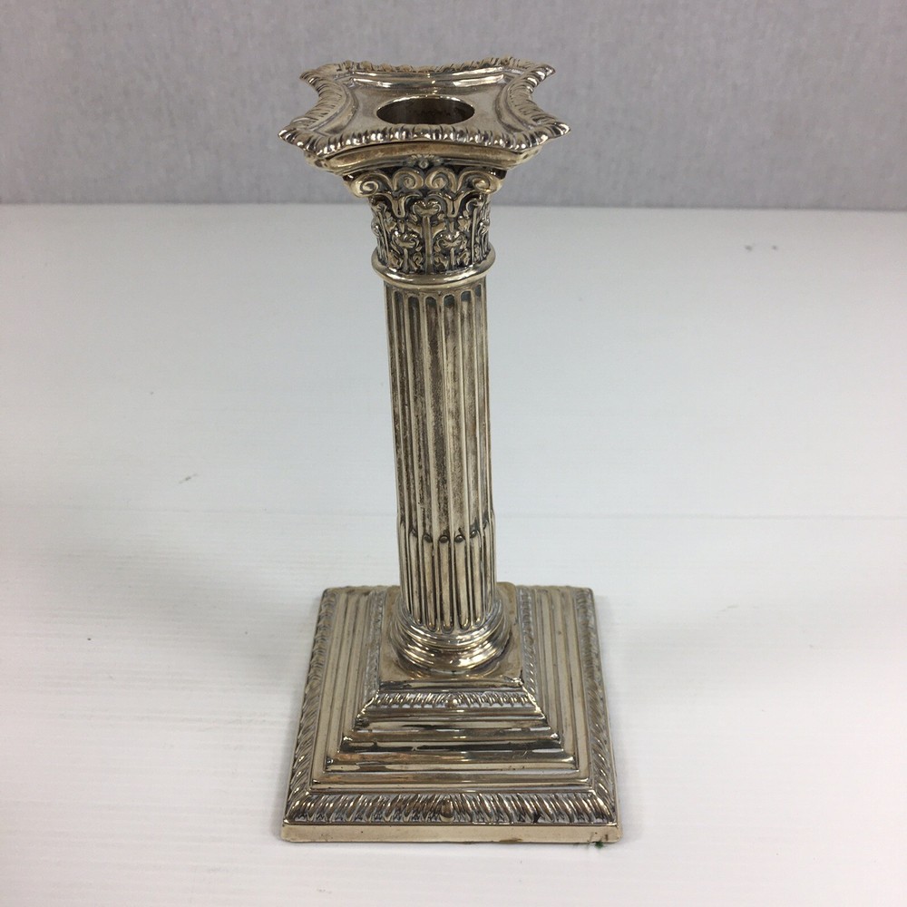 Antique 1936 Solid Silver Weighted Pair Of Corinthian Column Candlesticks