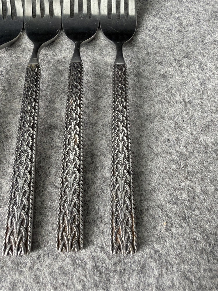 6 MCM JAPAN STAINLESS STEEL FLATWARE BRAIDED ROPE PATTERN Dinner Forks Flatware