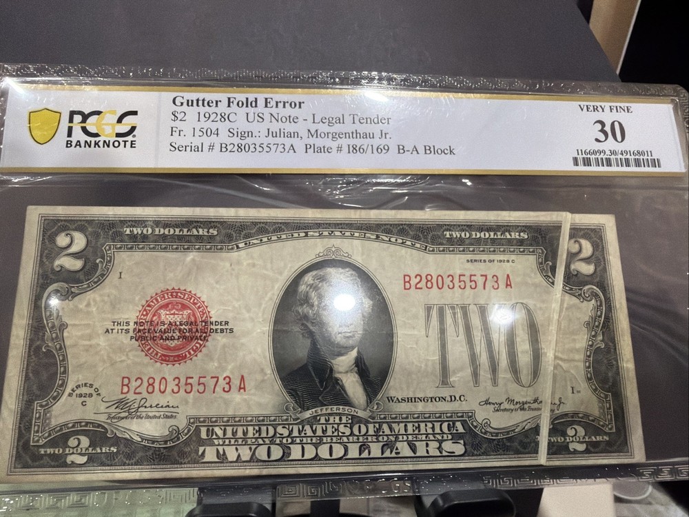 1928C $2 Legal Tender Gutter Fold Error Note Graded PCGS Very Fine 30
