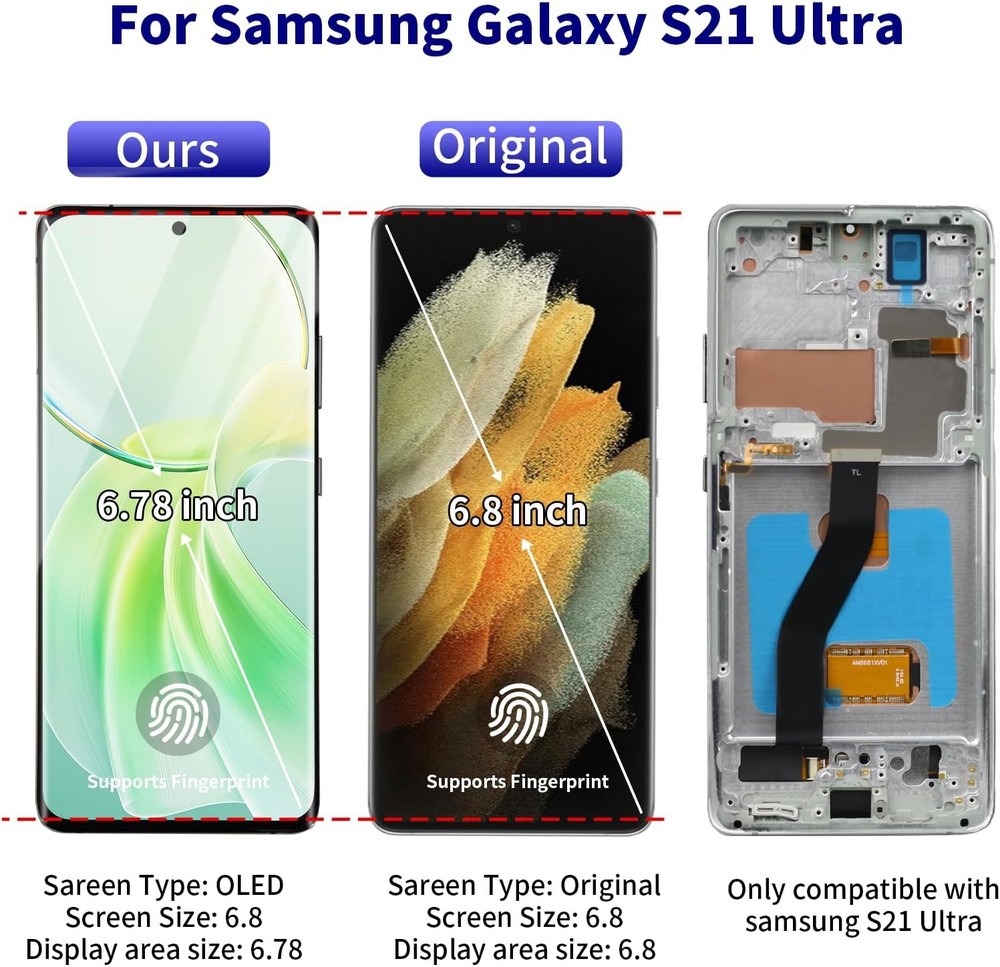 For Samsung Galaxy S21 Ultra OLED Display Touch Screen Replacement With Frame