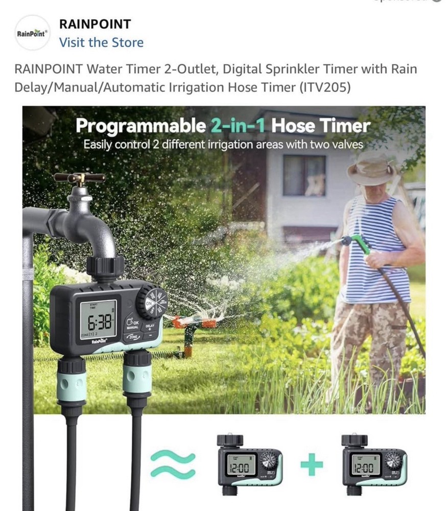 New RainPoint Programmable 2 Zone Water Timer - Model Number ITV205