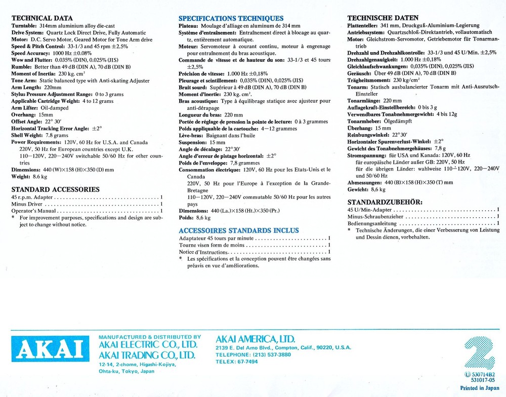 AKAI 307 TURNTABLE MANUAL