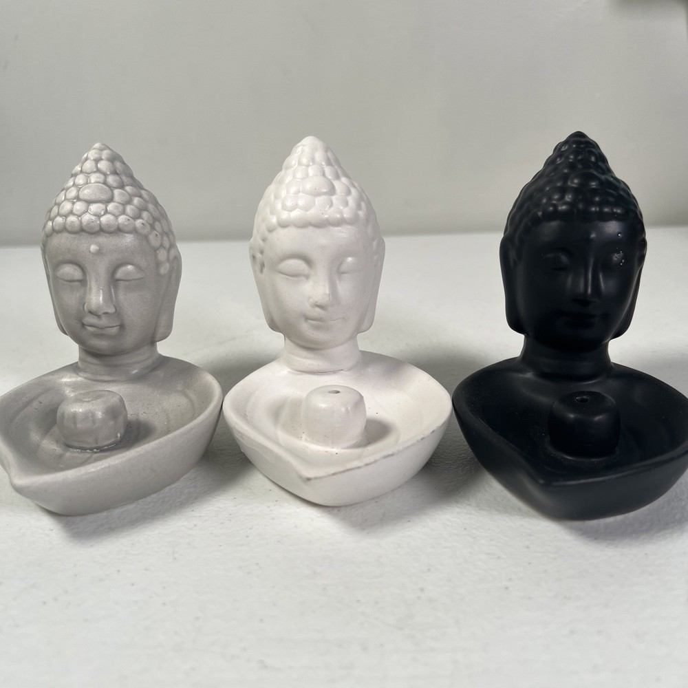 3 Ceramic Buddha Figures Incense Burner Holders White/Black/Gray