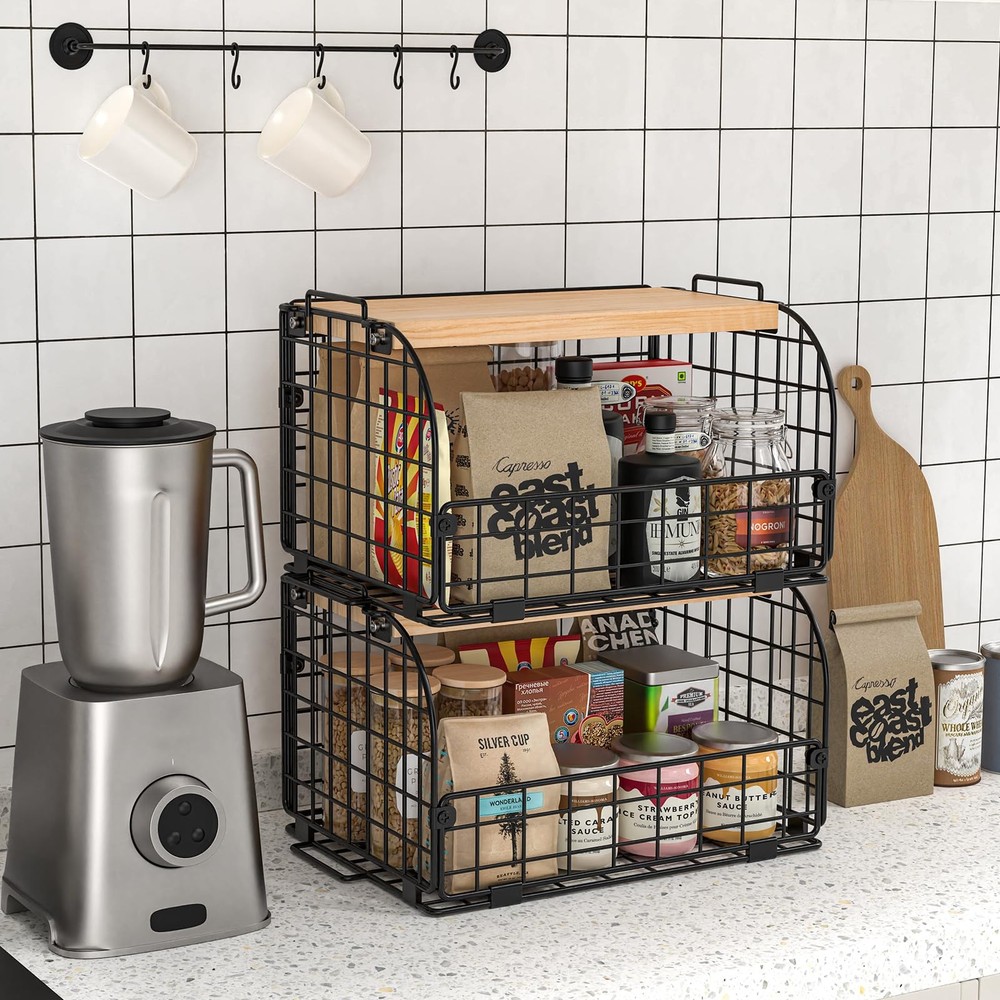 2 Set Stackable Wire Basket with Openable Top, Kitchen Counter, Pantry Organi...