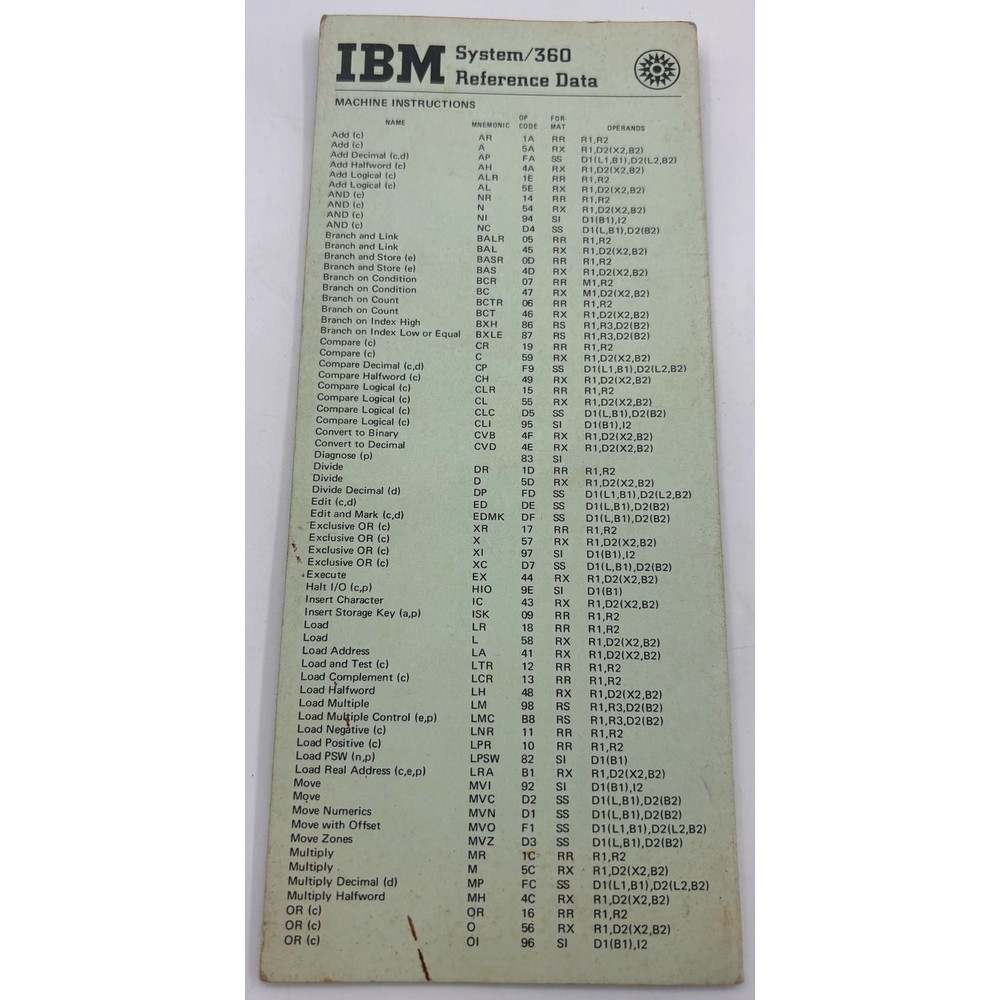 IBM SYSTEM/360 REFERENCE DATA BROCHURE X20-1703-9 USED
