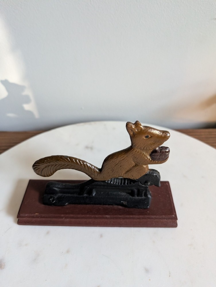 Vintage Squirrel Metal Nutcracker Wood Base Hand Painted