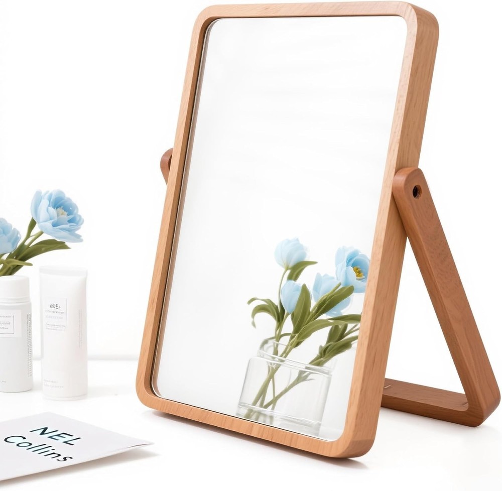 Desk Makeup Mirrors with Wood - Rectangle Wall-Mounted Mirrors Table Mirrors