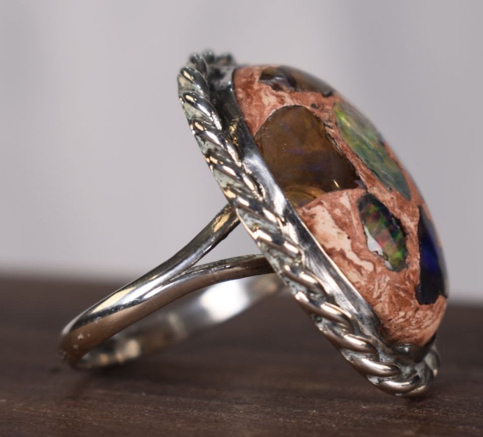 Vintage Boulder Matrix Opal Sterling Silver Rope Border Ring Southwestern