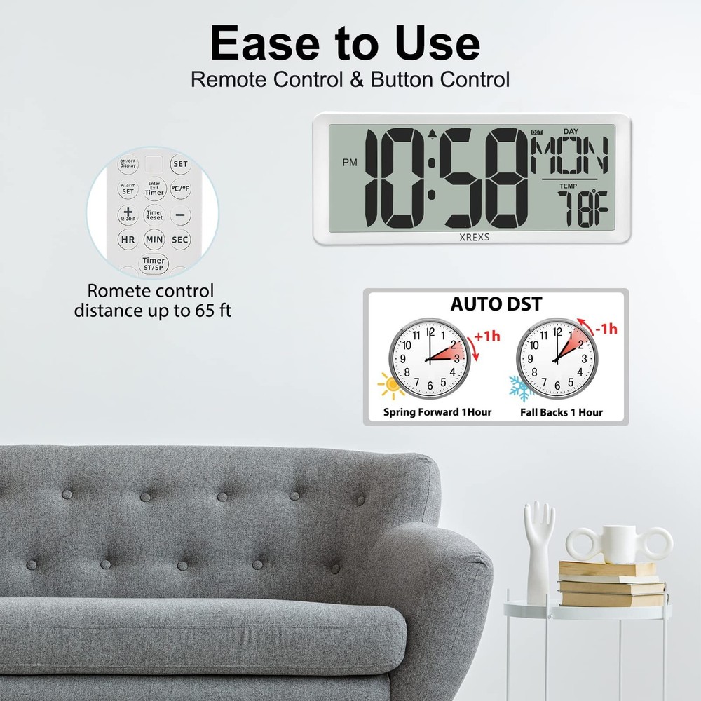 XREXS Digital Wall Clock with Backlight (Not Constantly Illuminated), 14.17 I...