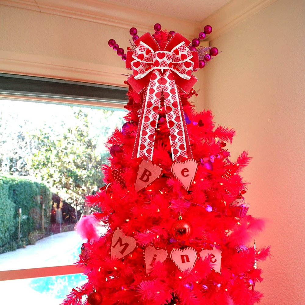 Valentines Day Decorations Red Pink Heart Tree Topper Bow Romantic Gift