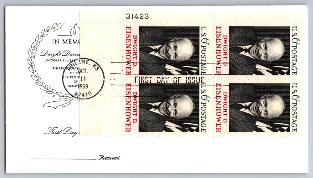 #1383 Dwight Eisenhower FDC Fleetwood Cachet Plate Block