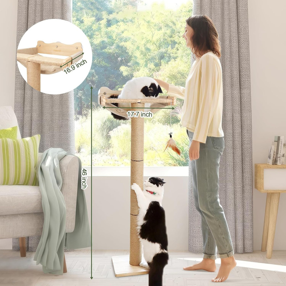 Cat Window Perch with Scratching Post, 46" Adjustable Tall Scratching Posts & Su