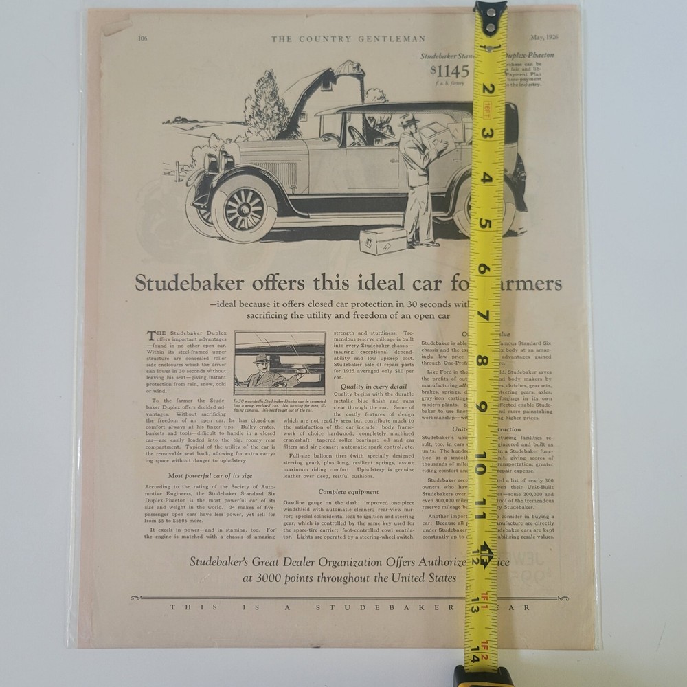 1926 STUDEBAKER Standard Six Duplex Phaeton Antique Car Ephemera AD