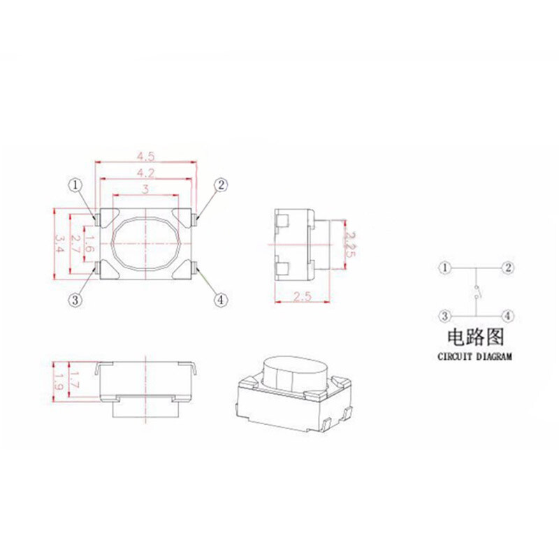SMD Patch Switch 3x4x2.5mm Micro Switch Touch Push Button Switch 4 Pin Miniature
