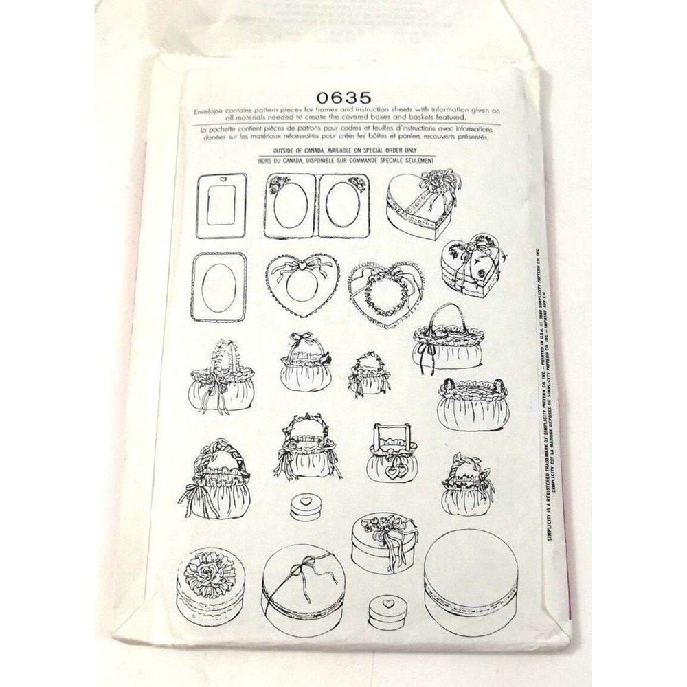 Simplicity Crafts Sewing Pattern 0635 Baskets Hearts Picture Frames Uncut