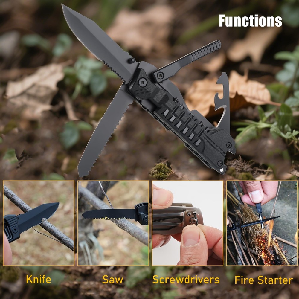Multitool Knife with Nylon Pouch, 22 in 1 EDC Multi Tools with Fire Starting ...