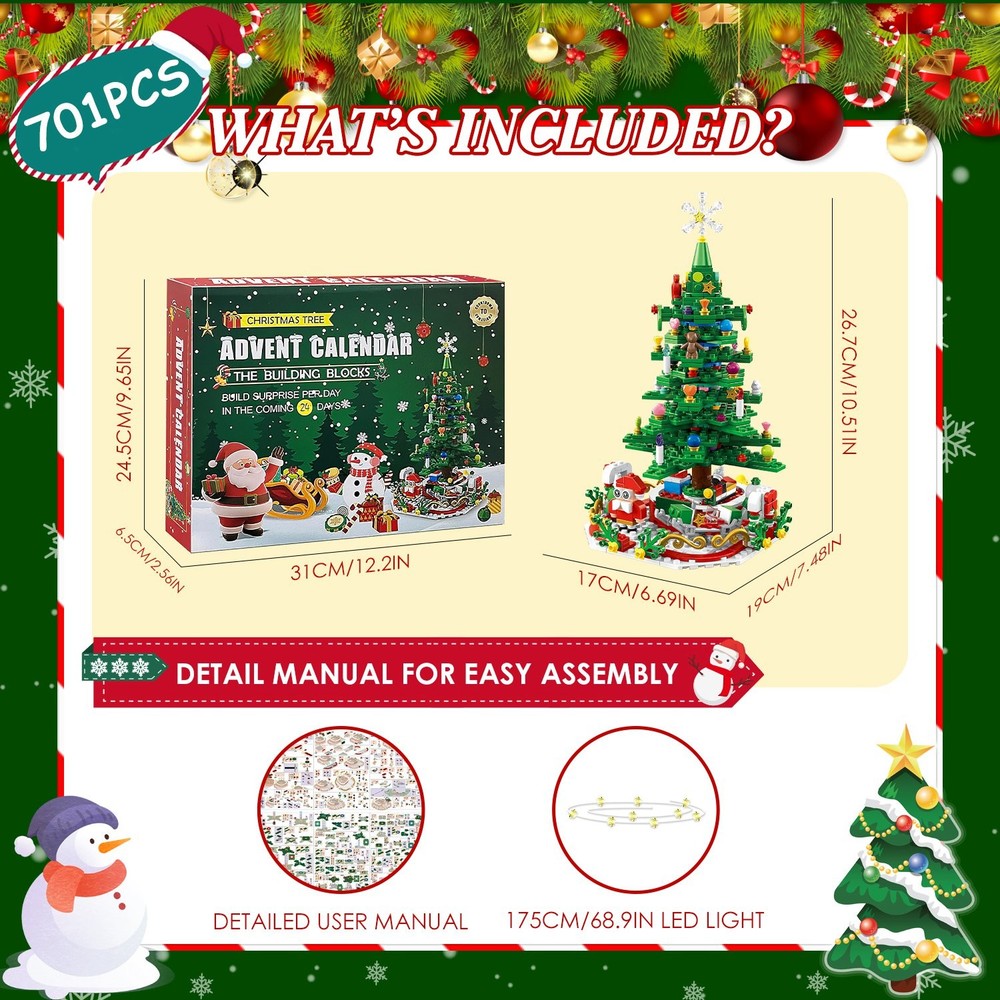 Christmas Tree Building Set W/ LED Light Festive Tabletop Countdown Calendar