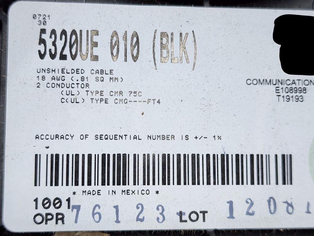 Belden 5320UE 18/2C Solid Twisted Audio/Security Cable Riser CMR Black /100ft