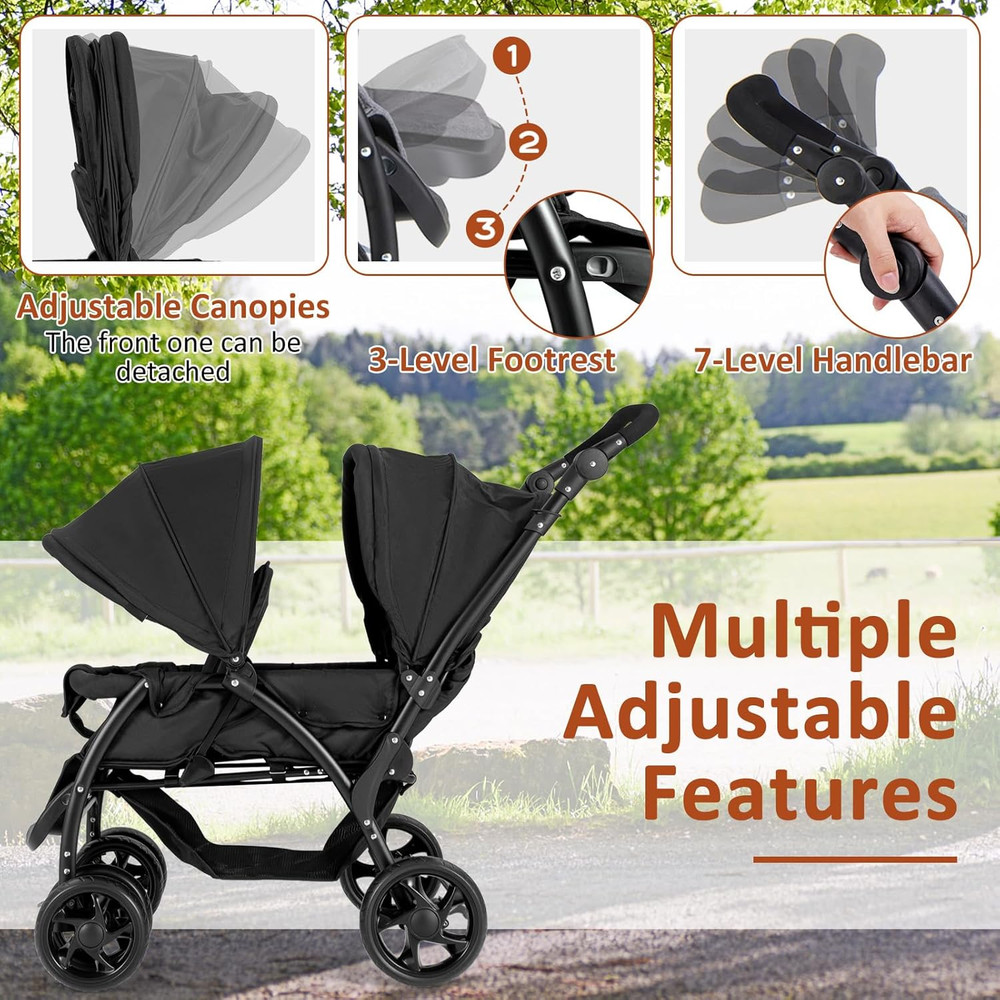 Compact Foldable Twin Stroller with Canopy & Safety Features - Black