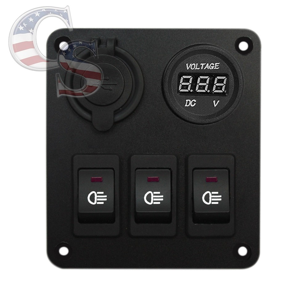 Red 35A 3 Gang Car Rocker Switch Panel USB Socket Power Plug Voltmeter Charger