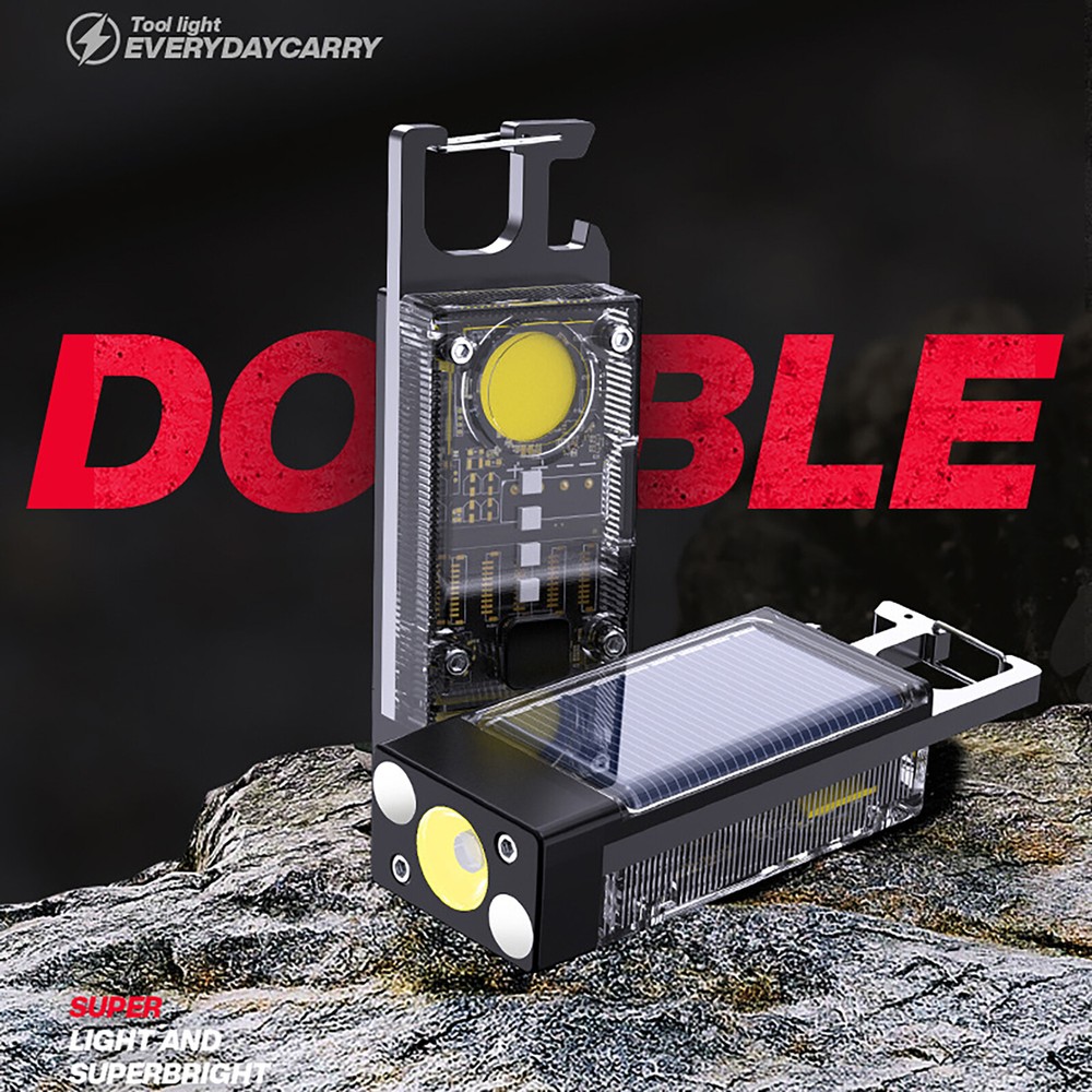 Solar LED Flashlight Keychain Torch USB Charging COB Emergency Portable Light