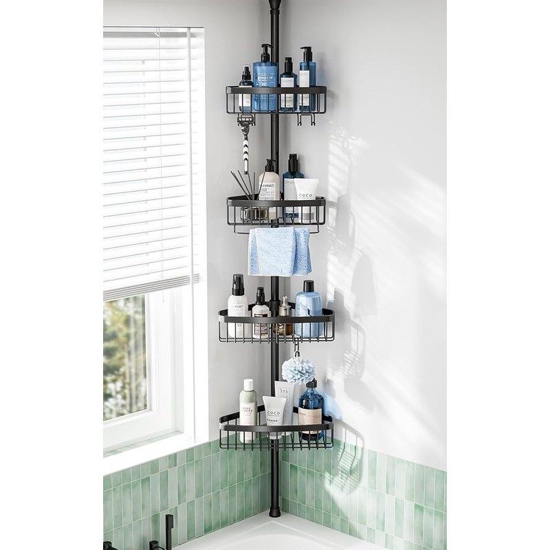 Adjustable Shower Caddy Tension Pole W/ 4 Baskets & Hooks Rust Resistant Storage