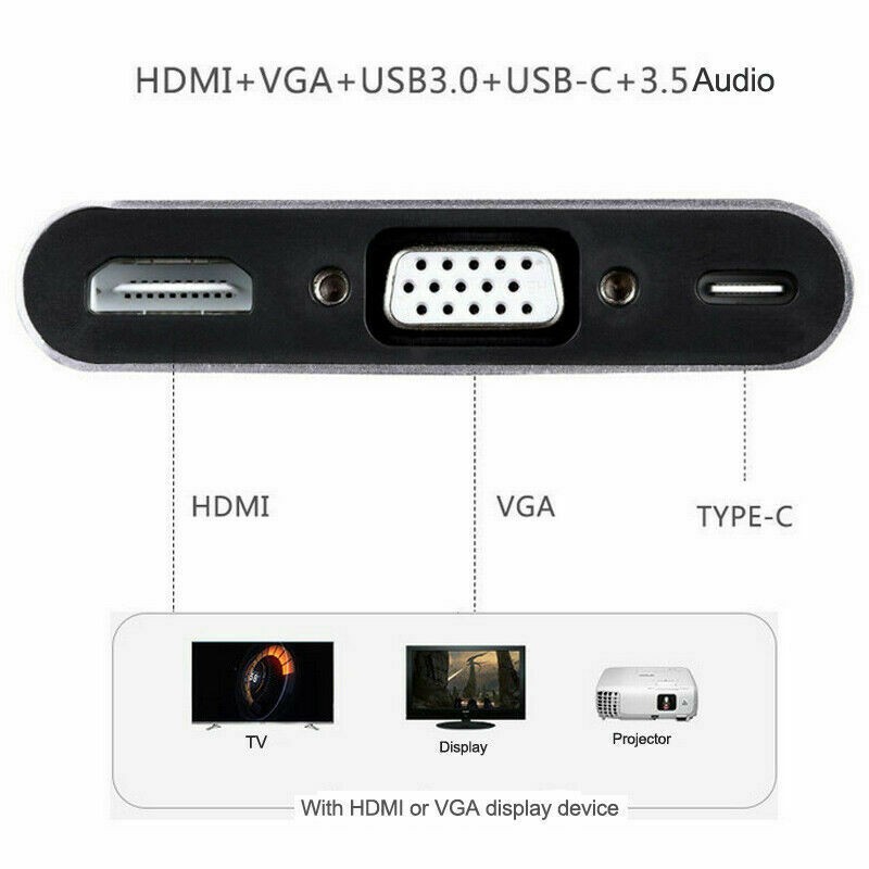 Multi-Function Aluminum USB-C PD Type-C Adapter Converter Hub HDMI/4K VGA/1080P