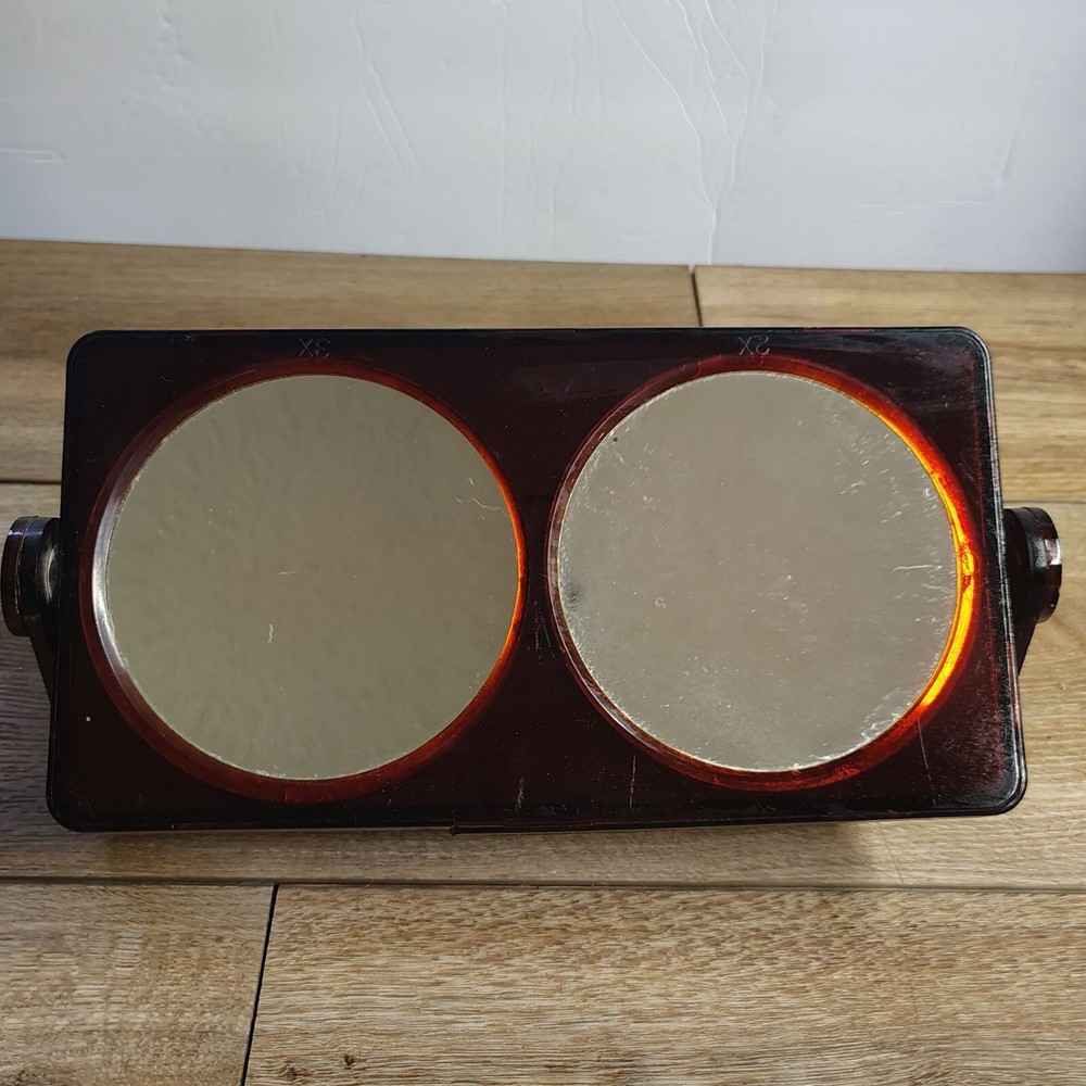 Cosmetic Mirror MCM Lucite Amber Standing Magnifying Double Sided Rotating