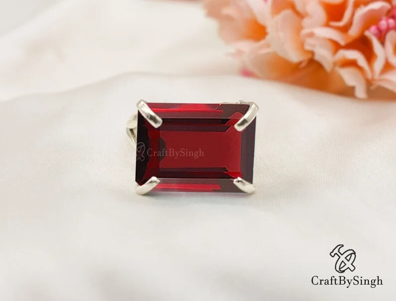 Large Garnet Ring, Rectangle Octagon Garnet, Bold Statement Ring, 925 All Size