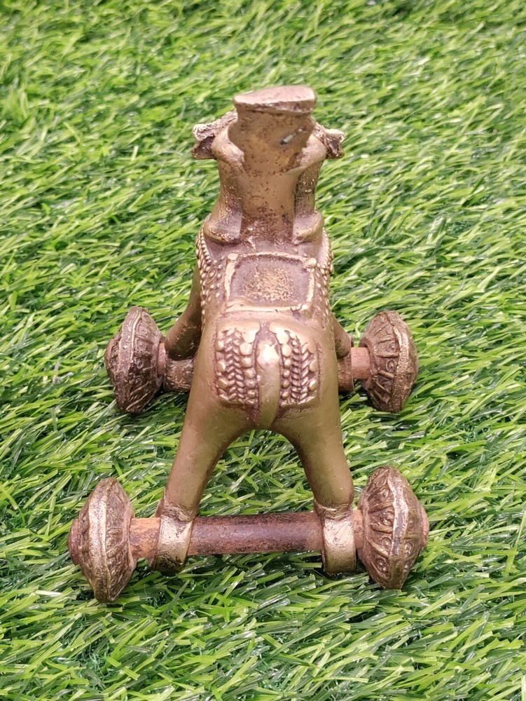 Antique Bronze BRASS Elephant Rolling Pull Toy India RIDER Rare