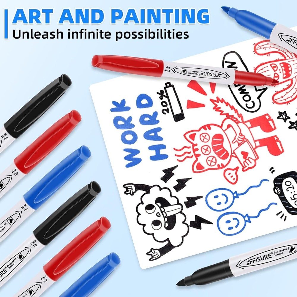 Permanent Markers, Black, Blue, Red, 15 Pack, Fine Point - Smudge Proof