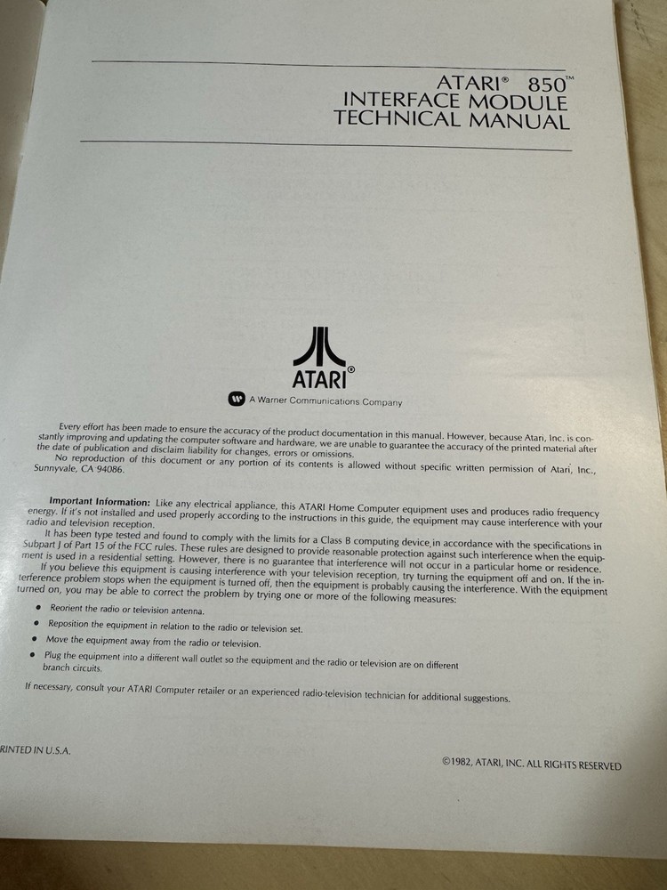 850 Interface Module Technical Manual; Atari 400/800/XL/XE Manual ONLY