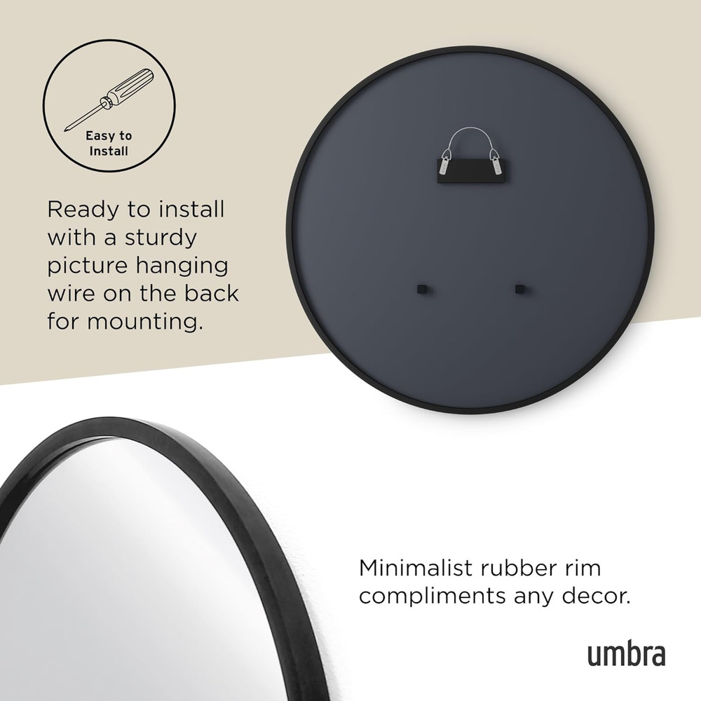 Hub Round Wall Mirror with Rubber Frame, Modern Style for Bathroom, Entryway, Li