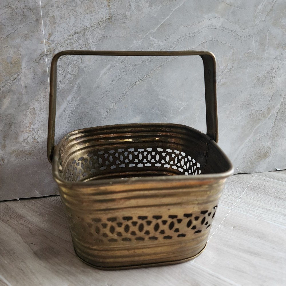 5" X 5" X 3"  Pierced Solid Brass Basket Adjustable Hinged Handle Made In India