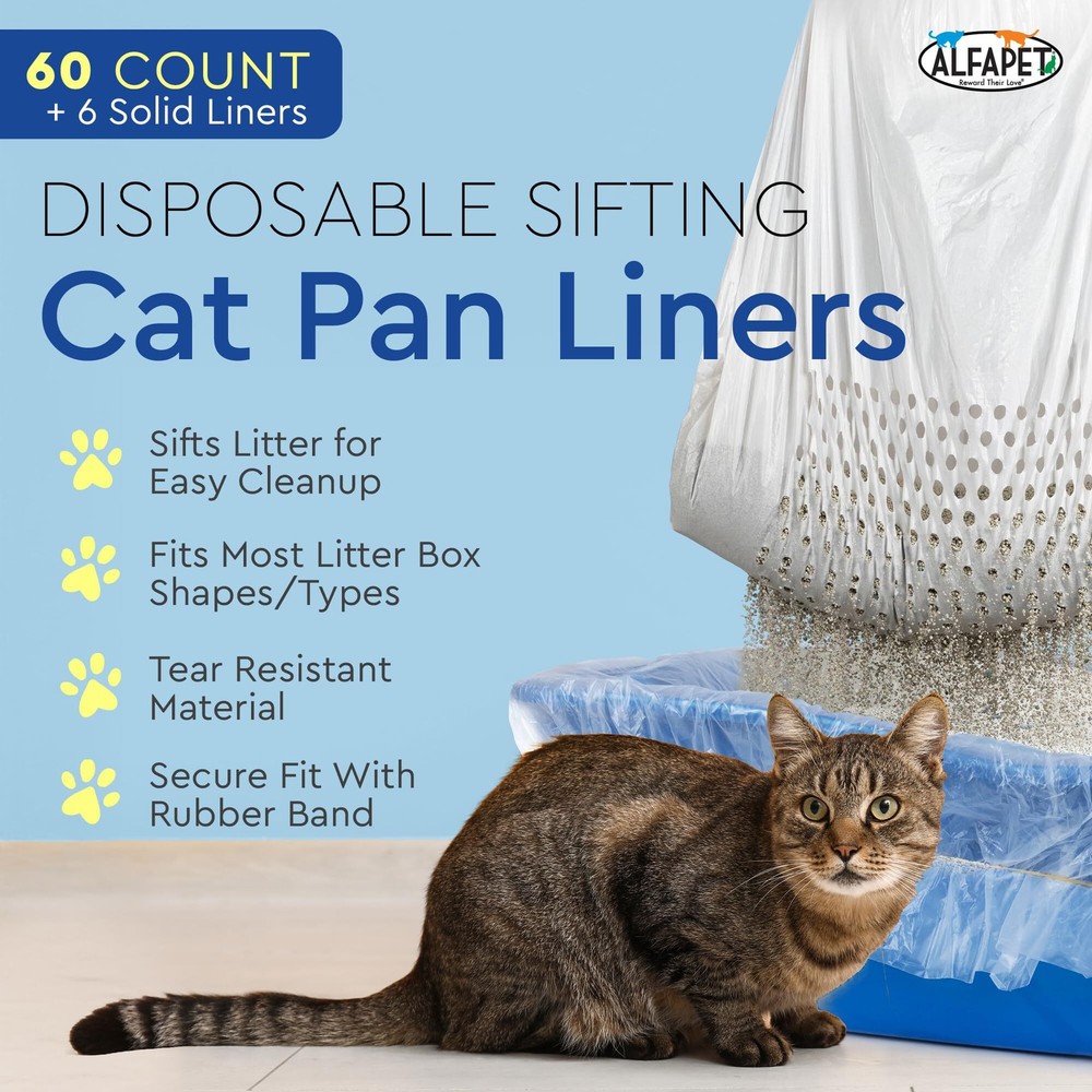 Alfapet Kitty Cat Pan Disposable, Sifting Liners- 60 count + 1 Transfer Liner-Fo