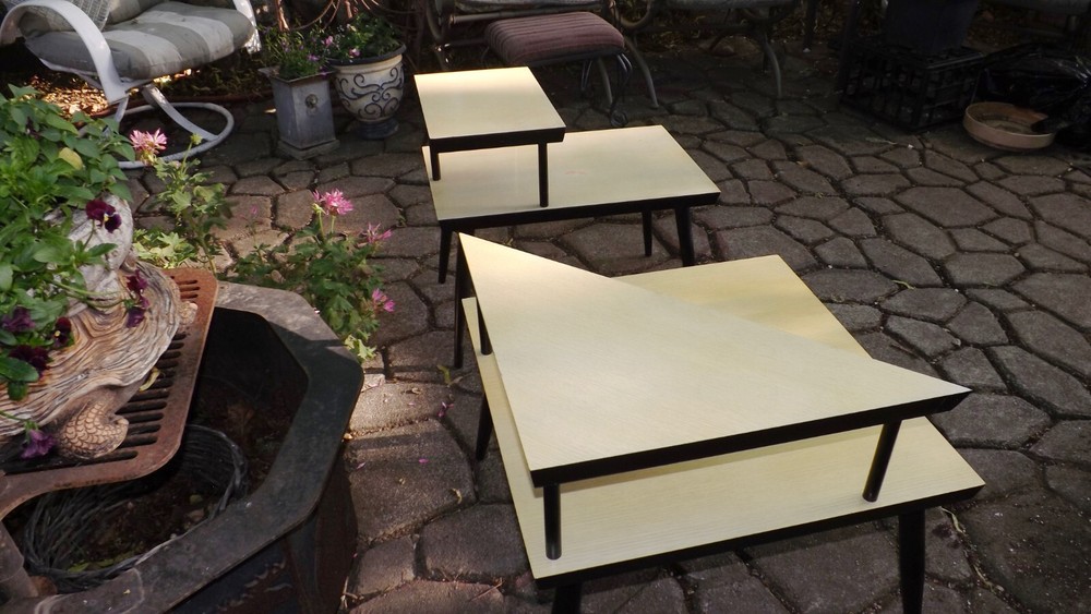 Very 1950s Mid Century Modern Pair 2 Tier Tri-Angle & Square Step End Tables
