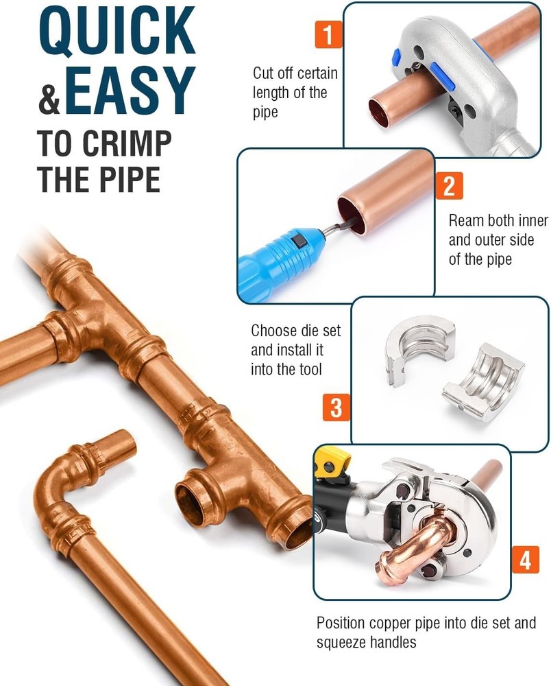 1/2, 3/4, 1" PEX Press Crimping Tool with Pipe Cutter - Automatic Locking Design