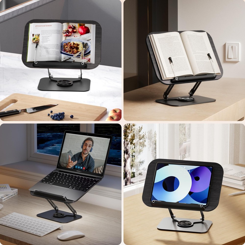 Book Stand for Reading, Adjustable Book Holder with 360° Rotating Bases, Fold...