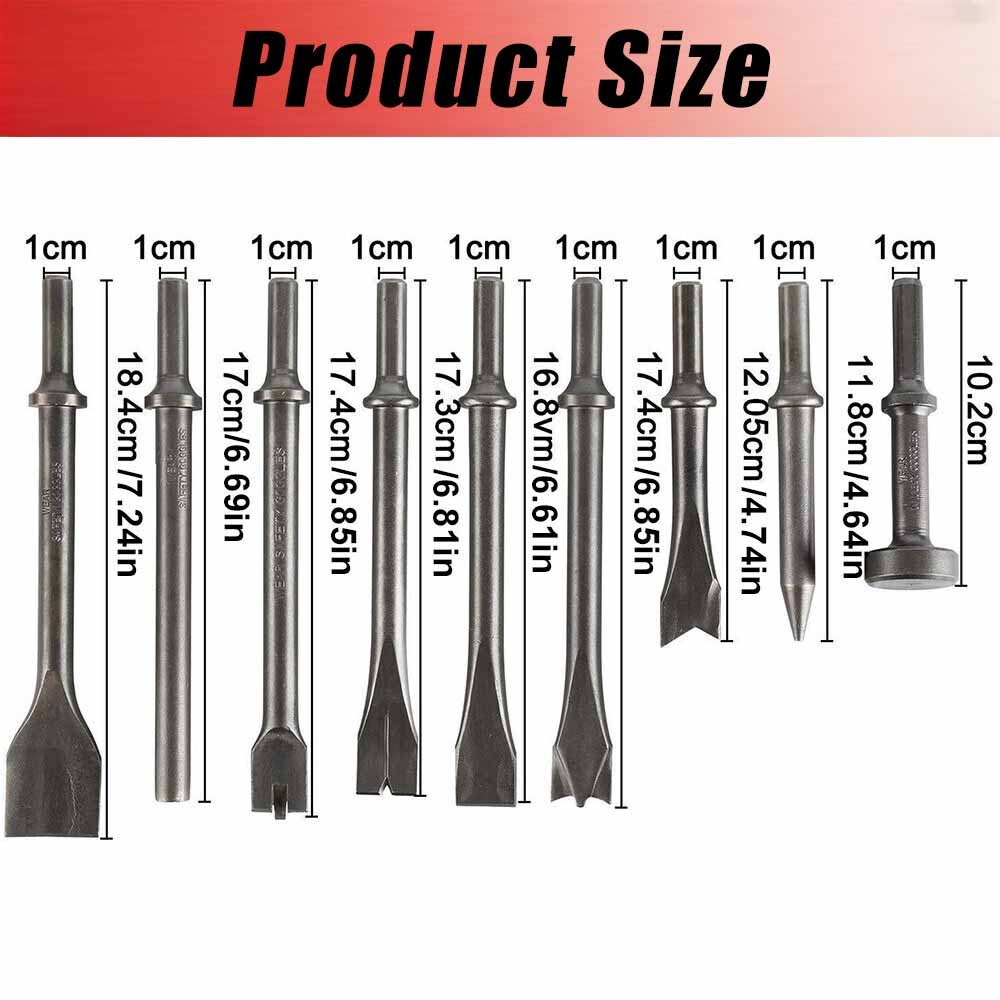 9Pcs Pneumatic Air Hammer Punch Chipping Bits Tool Chisel 0.39In Shank Tool Set