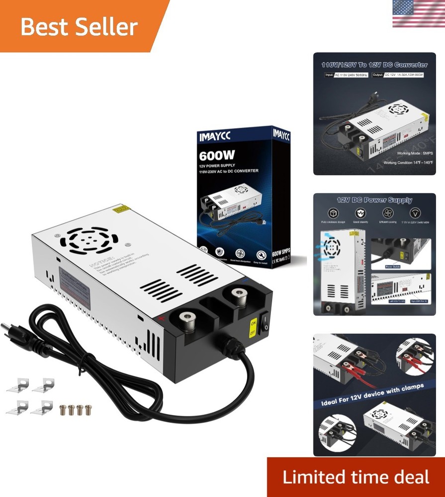 Versatile 600W AC to DC Converter, 110V/220V Input, 12V Adjustable Output