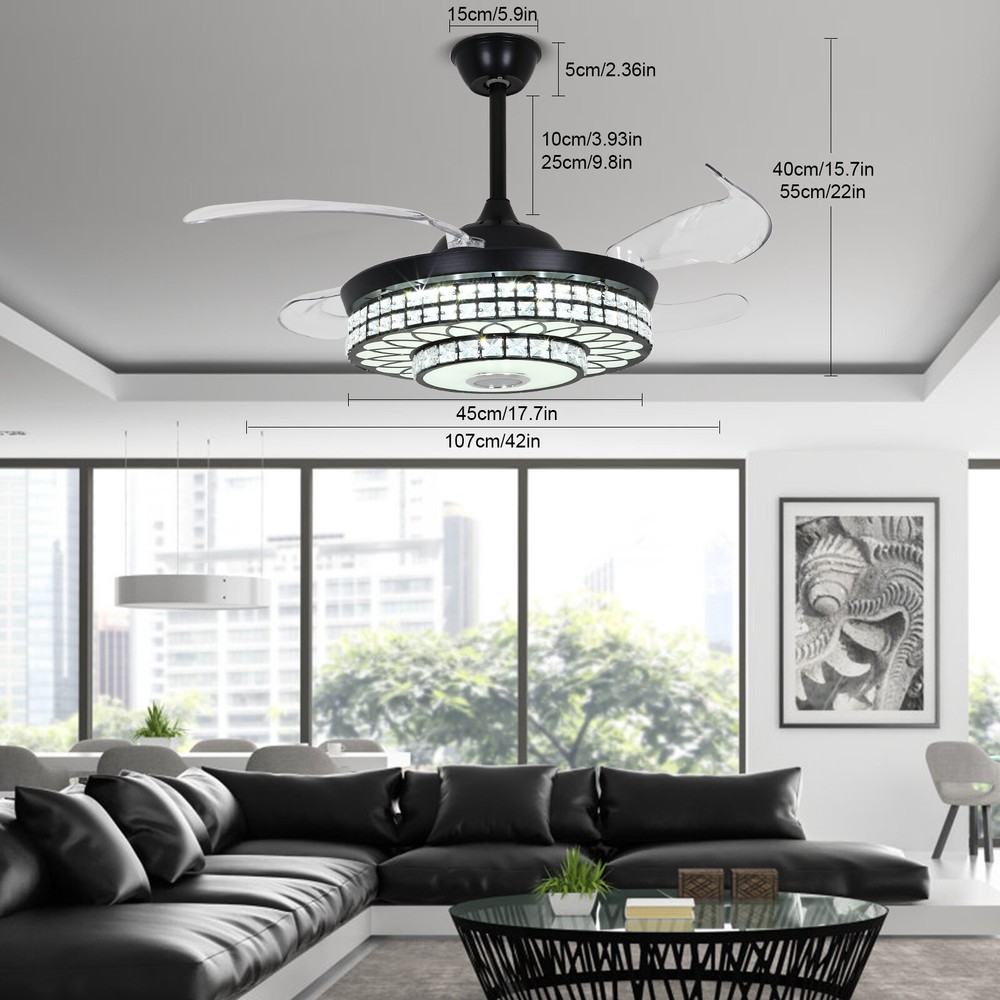 42" Retractable Ceiling Fan w/ Light & Bluetooth Speaker Dimmable LED Chandelier