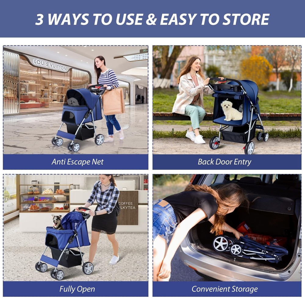 4 Wheels Pet Stroller for Small Medium Dogs Cats 33 lbs, Breathable Foldable ...