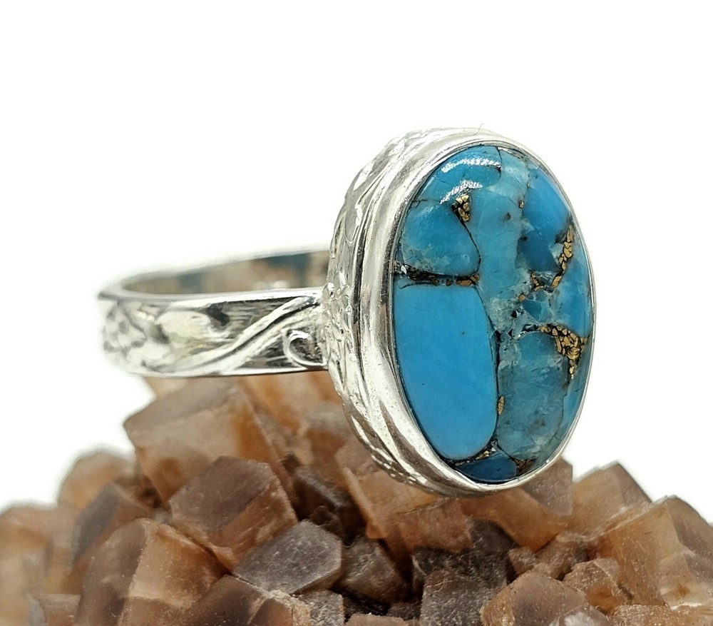 Blue Turquoise Ring, Size Q, Sterling Silver, Oval Shape, Copper Turquoise