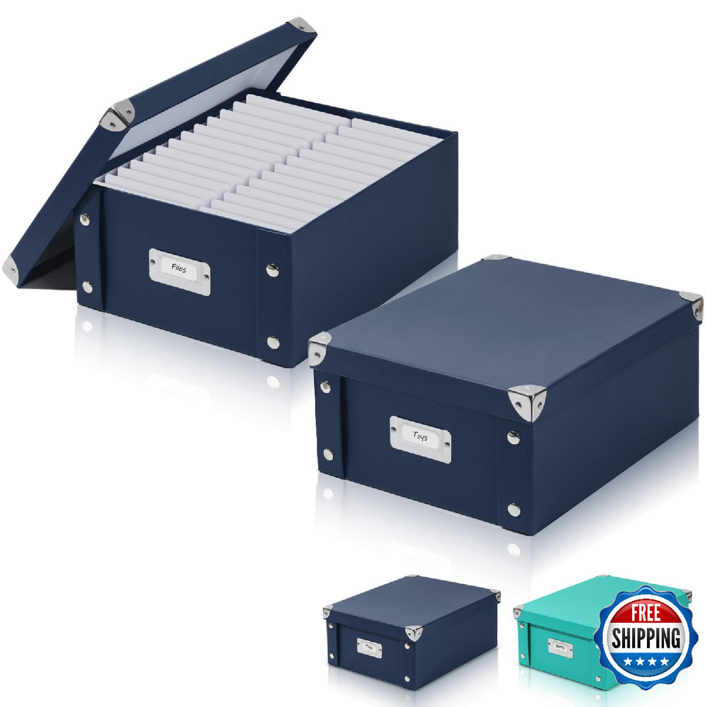 2 Pcs 12"x10"x5" Navy Blue Foldable Document Storage Box Lid File Organizer