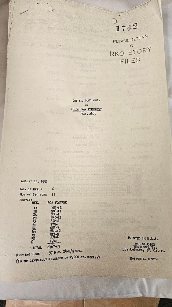 Vintage Hollywood Movie Script- Cutting Continuity on "Back From Eternity"