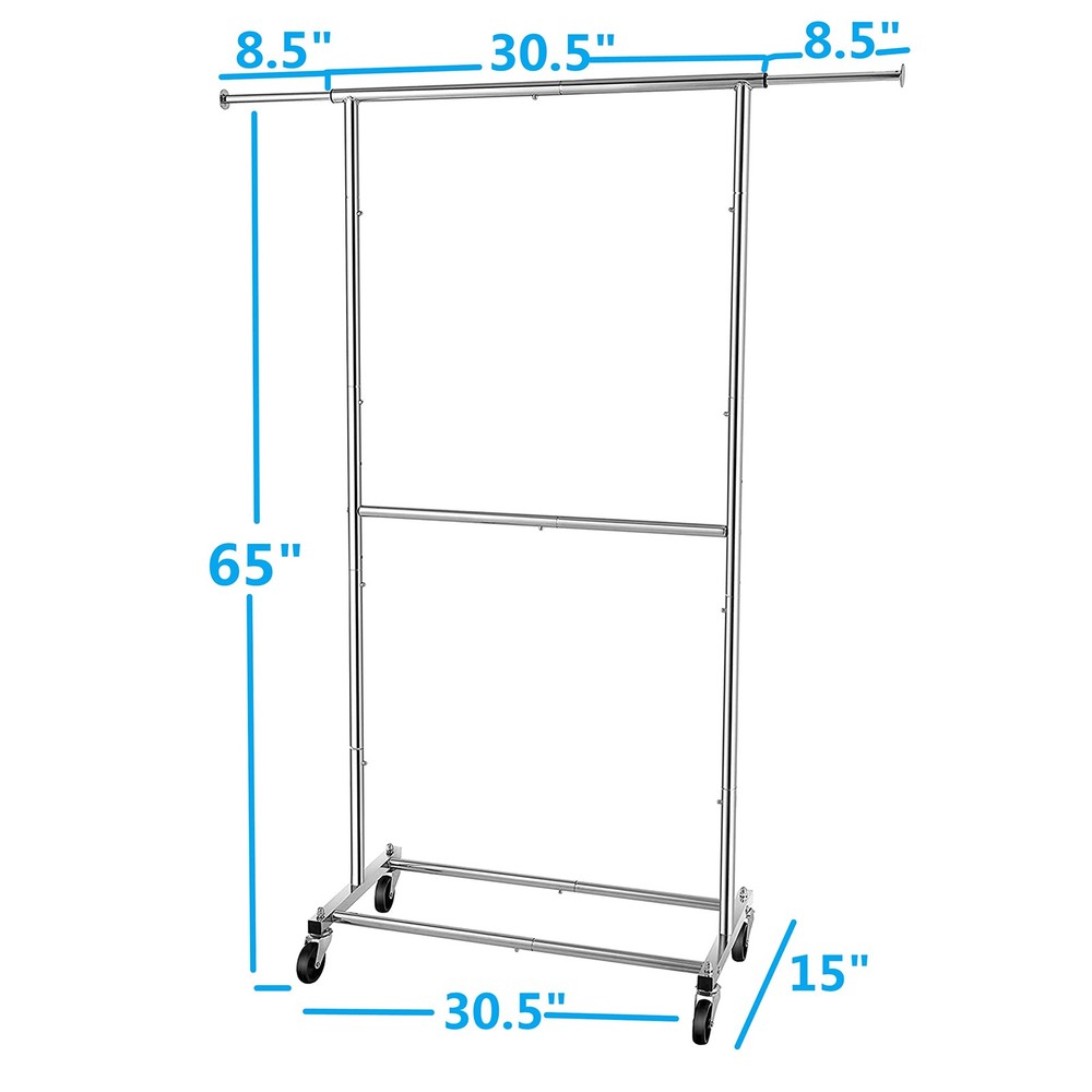 Double Rod Clothes Rack Rolling Garment Organizer Chrome