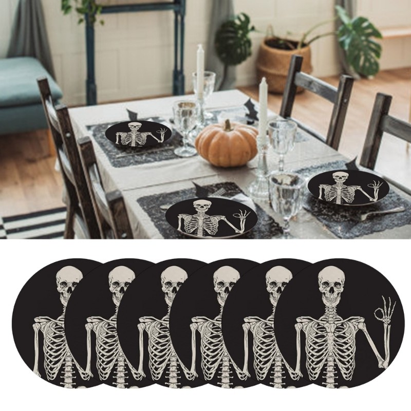 6Pcs Skeleton Skull Pattern Coasters Ceramic Stone Round Cup Mats Table Coaster