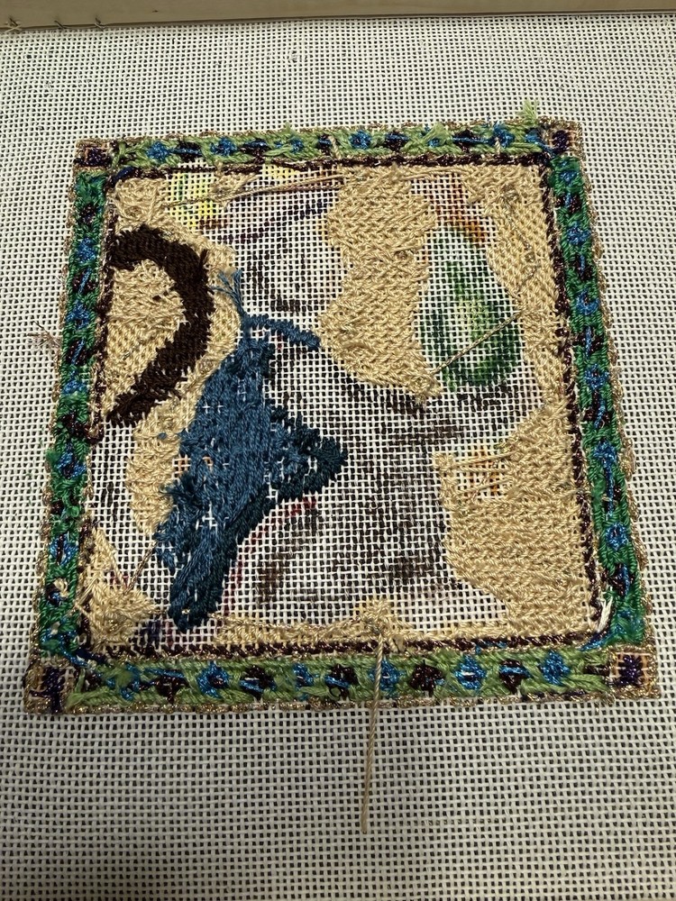 Melissa Shirley Needlepoint Canvas Hand painted 2/3 Complete Monkey W Parrot